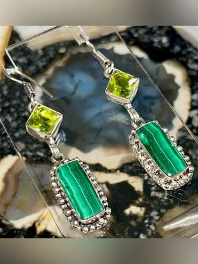 Green Malachite Crystal Earrings 2 1/2”